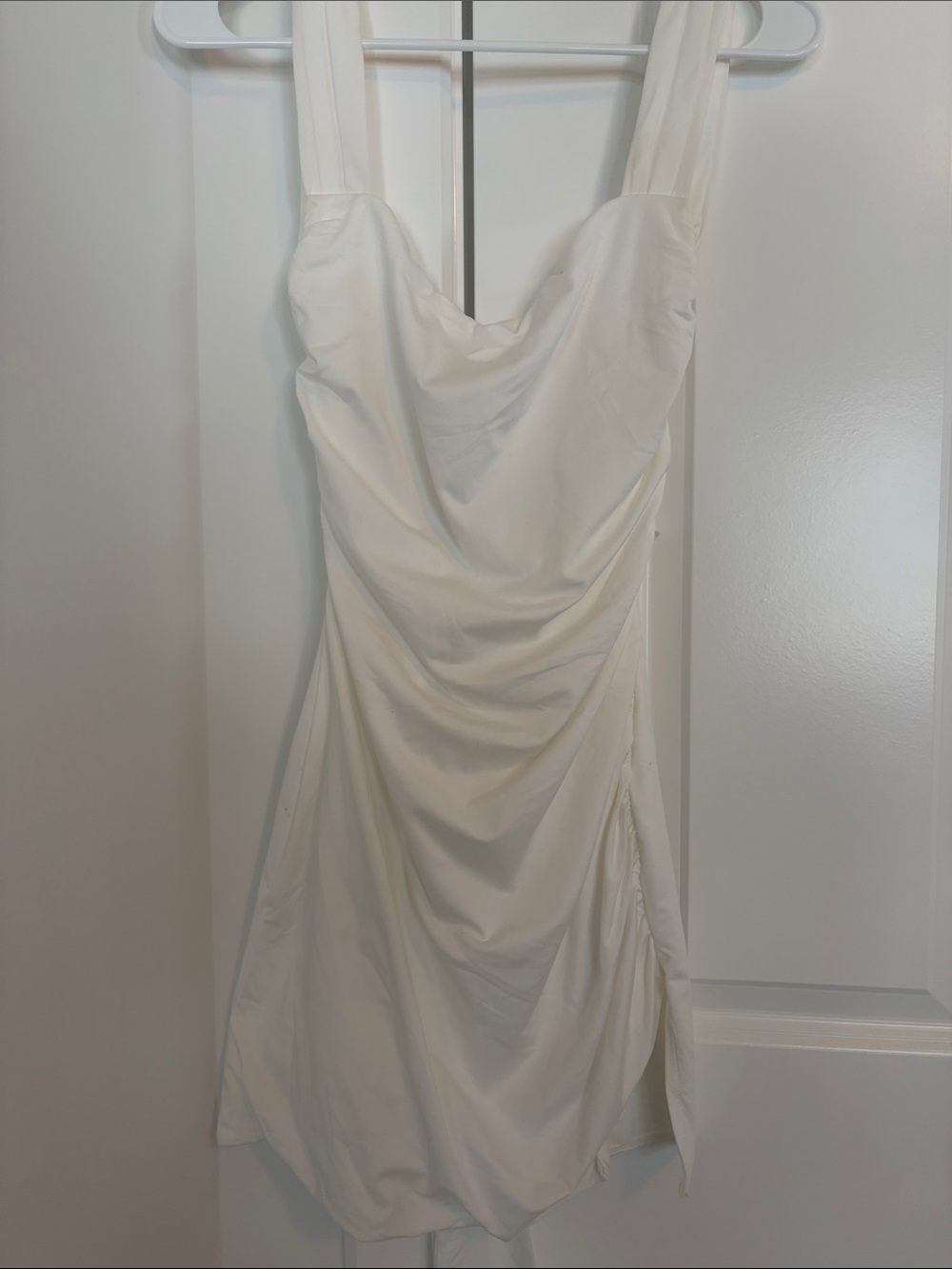 White Ruched Mini Dress with Draped Neckline